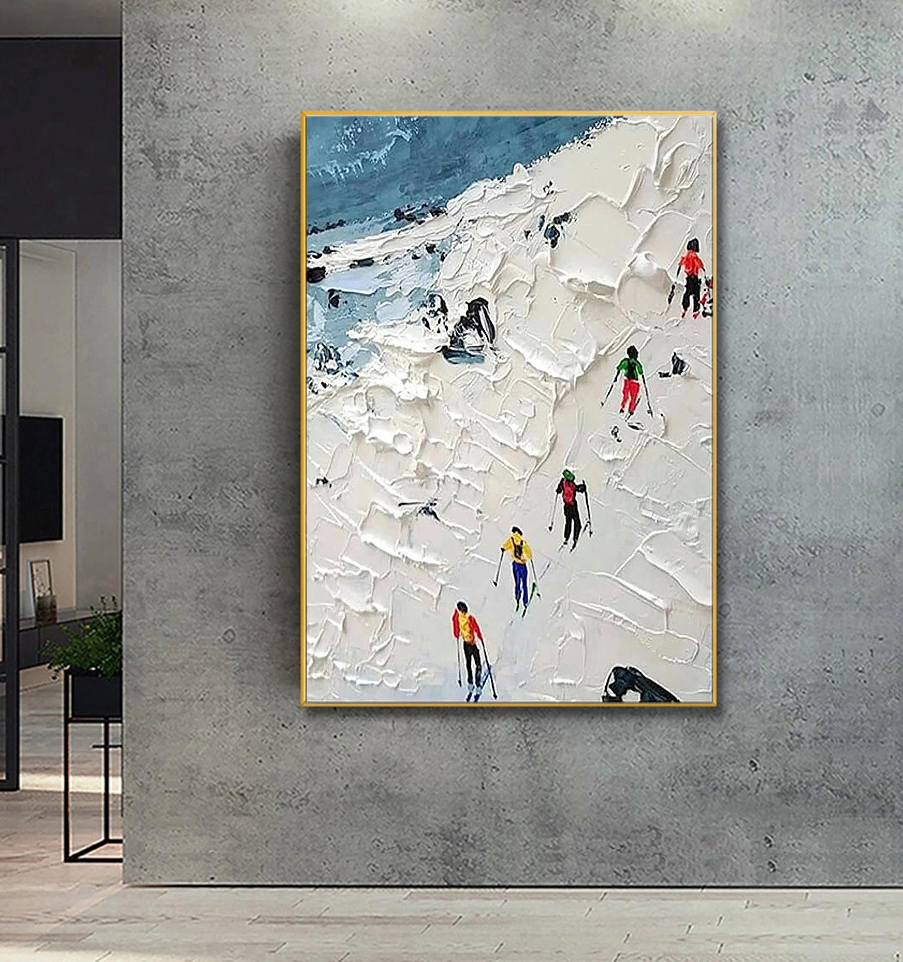 パレットナイフによる雪山のスカイスポーツのスキーヤーウォールアートミニマリズム油絵